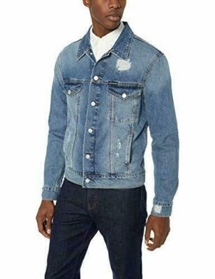 $148 Calvin Klein Men's Denim Trucker Jacket, Ed Blue Destruct