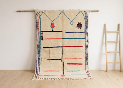 Handmade Moroccan Azilal Wool Rug   Cream Abstract Berber Carpet