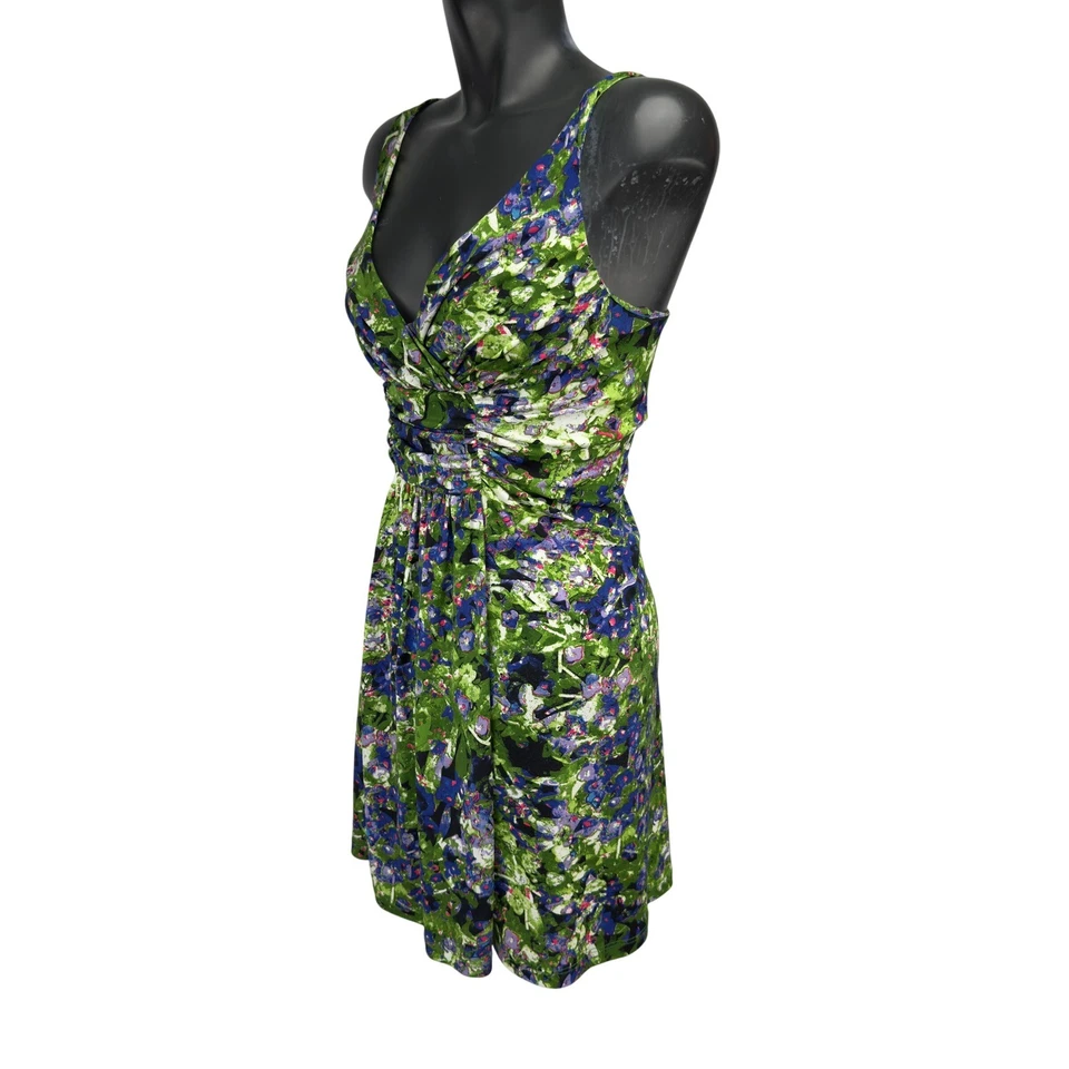 ROBERTO CAVALLI Ruched Floral Jersey Mini Dress Green/Blue Made in Italy (L) - Image 2 of 4