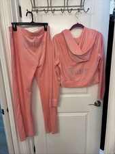 NEW JUICY COUTURE Velour OG Bling Tracksuit Hoodie  Pant Set Flamingo Pink L