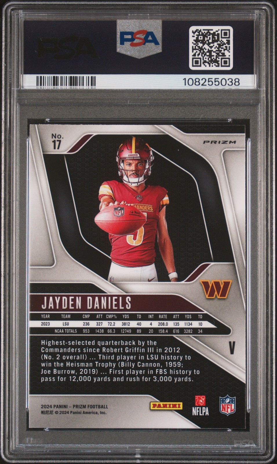 2024 Prizm Jayden Daniels RC #17 Rookie Variation PSA 9 Commanders view 2