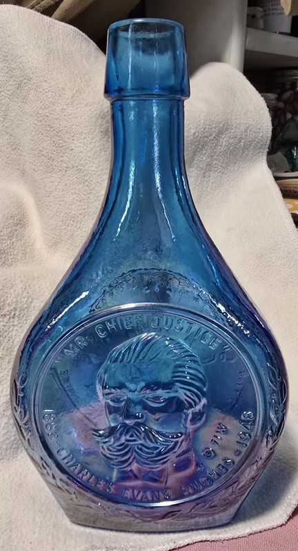 Vintage Wheaton Glass Charles Evans Hughes Blue Iridescent Decanter Bottle 8.5"