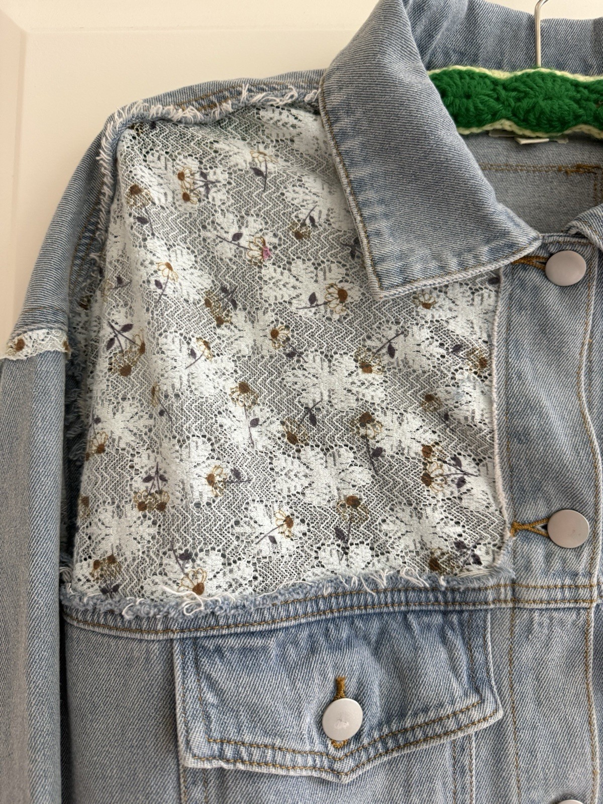 POL Denim Jacket S Patchwork Painted Lace Ruffles… - image 3
