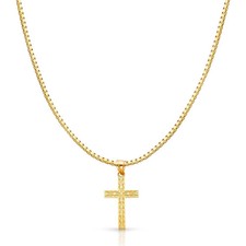 Real 14K Yellow Gold Religious Cross Pendant Necklace with 1mm Box Chain