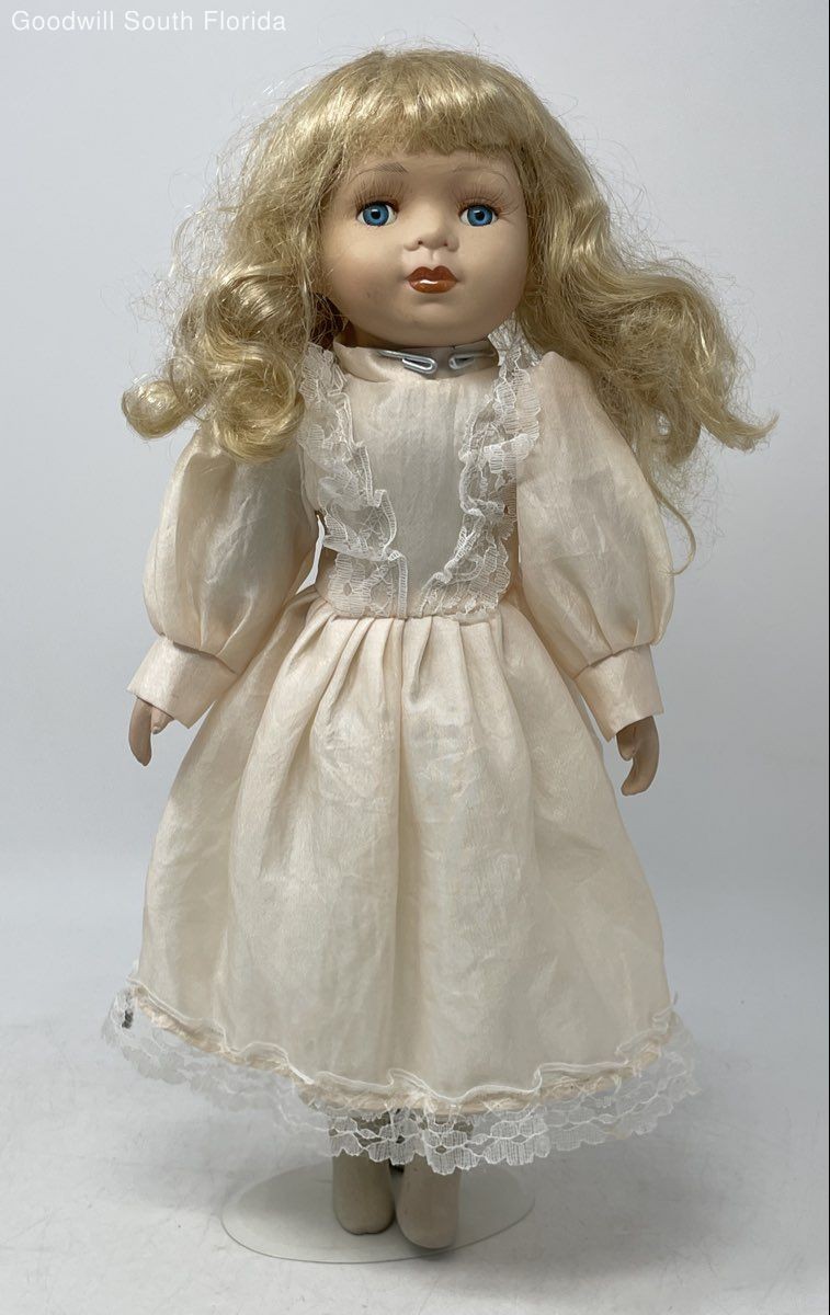 Blonde Curly Hair Blue Eyes Vintage Style Porcelain Doll With White Dress