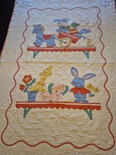 Vintage Baby Crib Comforter Quilt. Giraffe Sitting In Flower Pot, Pink Elephant 