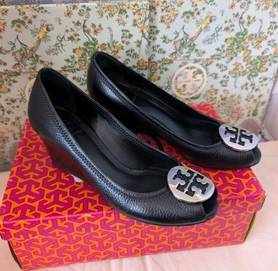 Tory Burch Sally 2 Peep Toe Wedge Black Silver Size 7.5M | eBay