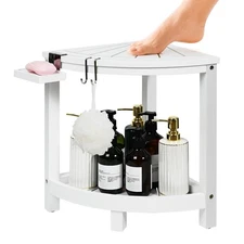 2-Tier Bamboo Corner Shower Stool for Shaving Legs, Waterproof Bench with Sto...