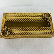 Vintage Gold Tone Filigree Ornate Hollywood Regency MCM Tissue Box Holder 10”
