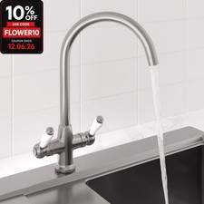 Traditional Mono Kitchen Sink Mixer Tap Twin Ceramic Lever Brushed Metal Faucet