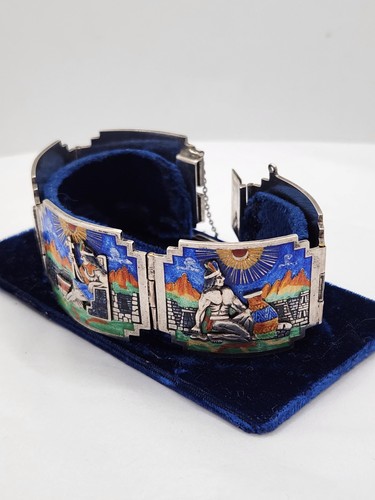 Vintage Sterling Silver and Enamel Aztec Story Telling Bracelet