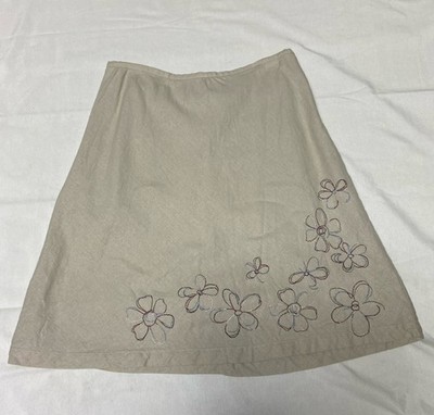 Christopher And Banks Beige Linen Blend Skirt 90s Floral Embroidered Size 8