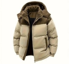 Men's Winter Fleece Jacket Khaki Hooded Warm Coat Detachable Hood Full Zip
