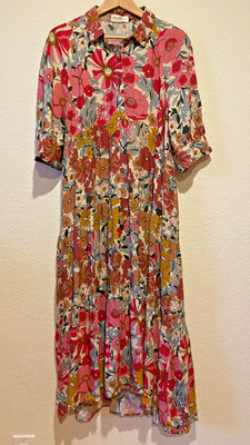 Natural Life Dress Sz L Multi Floral Boho Tiered Maxi Button Front Rayon Cottage