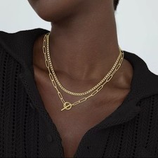 Cuban Paperclip Stainless Steel Necklace Double Layer 18K Gold Plated