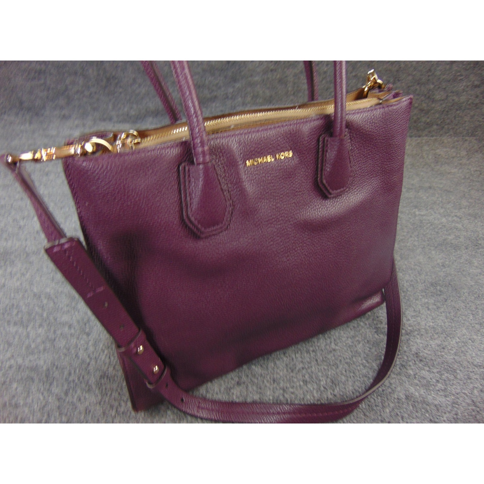 Michael Kors Mercer Purple Pebbled Leather Large Tote Handbag Satchel FLAW