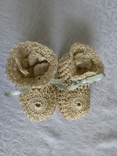 Antique Crochet Baby Booties W/Light Blue Satin Lace