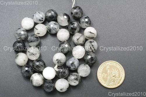 Natural Tourmalinated Quartz Gemstone Faceted Round Beads 4mm 6mm 8mm 10mm 15" - Picture 7 of 15