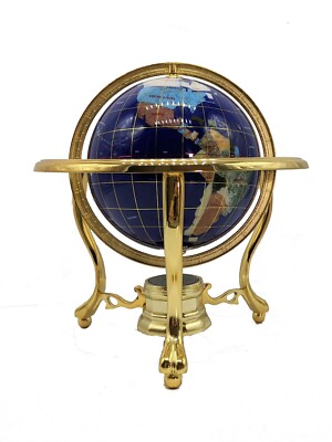 10'' Tall Blue Lapis Ocean Table Top Gemstone World Globe with Gold Tripod