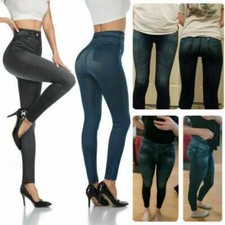 US Women's High Waist Stretch Leggings Faux Denim Jeans Slimming Pencil Jeggings