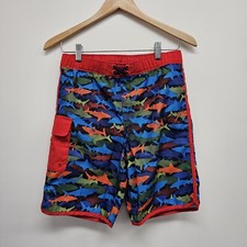 Lands End Boys Swim Trunks Suit Shorts Shark Red Blue Green Size XL 14-16 EUC