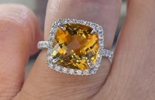 11mm Cushion Cut Lab Created Citrine Halo Engagement Ring 14K White Gold Plated