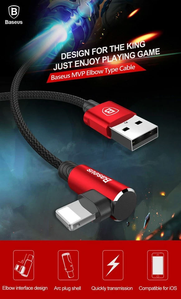 BASEUS ELBOW USB Braided Charger Data Sync Cable For iPhone 7 8 X XS 11 12 13 14 - Image 2 of 4