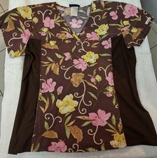 Cherokee Scrub Top, Large, Brown with Flowers, Pre-owned