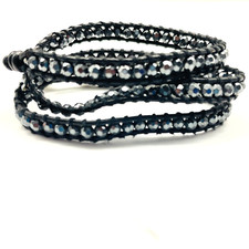Black Beaded Wrap Bracelet Faux Leather Faceted Beads Silver Tone