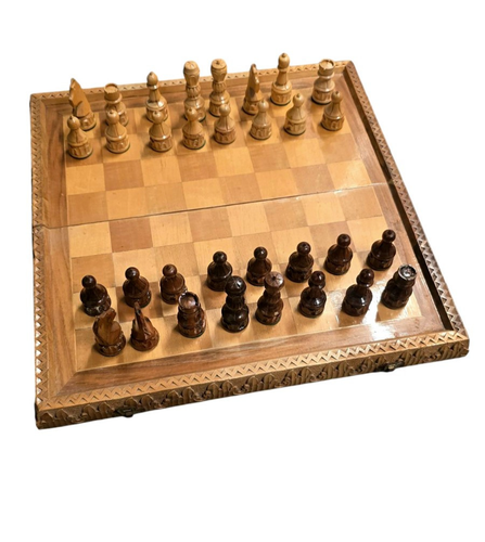 Vintage 70s Yugoslavia Handcrafted wooden pieces & decorative border Chess Set