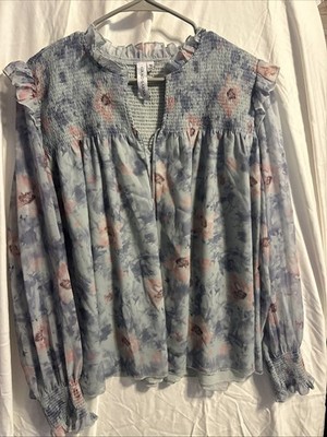 Grace + Karma Womens 1X peasant Floral Smocked Ruffle Long Sleeve Boho Blouse1