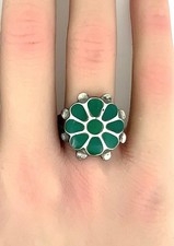 Vintage Native American Green Turquoise Inlay, Sterling Silver Ring Sz. 7.5