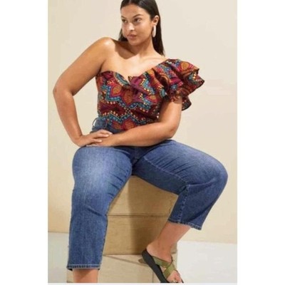 Sika x Anthropologie Top 16W Plus One Shoulder Ruffle Sleeve Tropical Pink Red