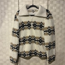 Eddie Bauer Womens Large Sherpa Fleece Quarter Zip Southwestern Pullover Cream