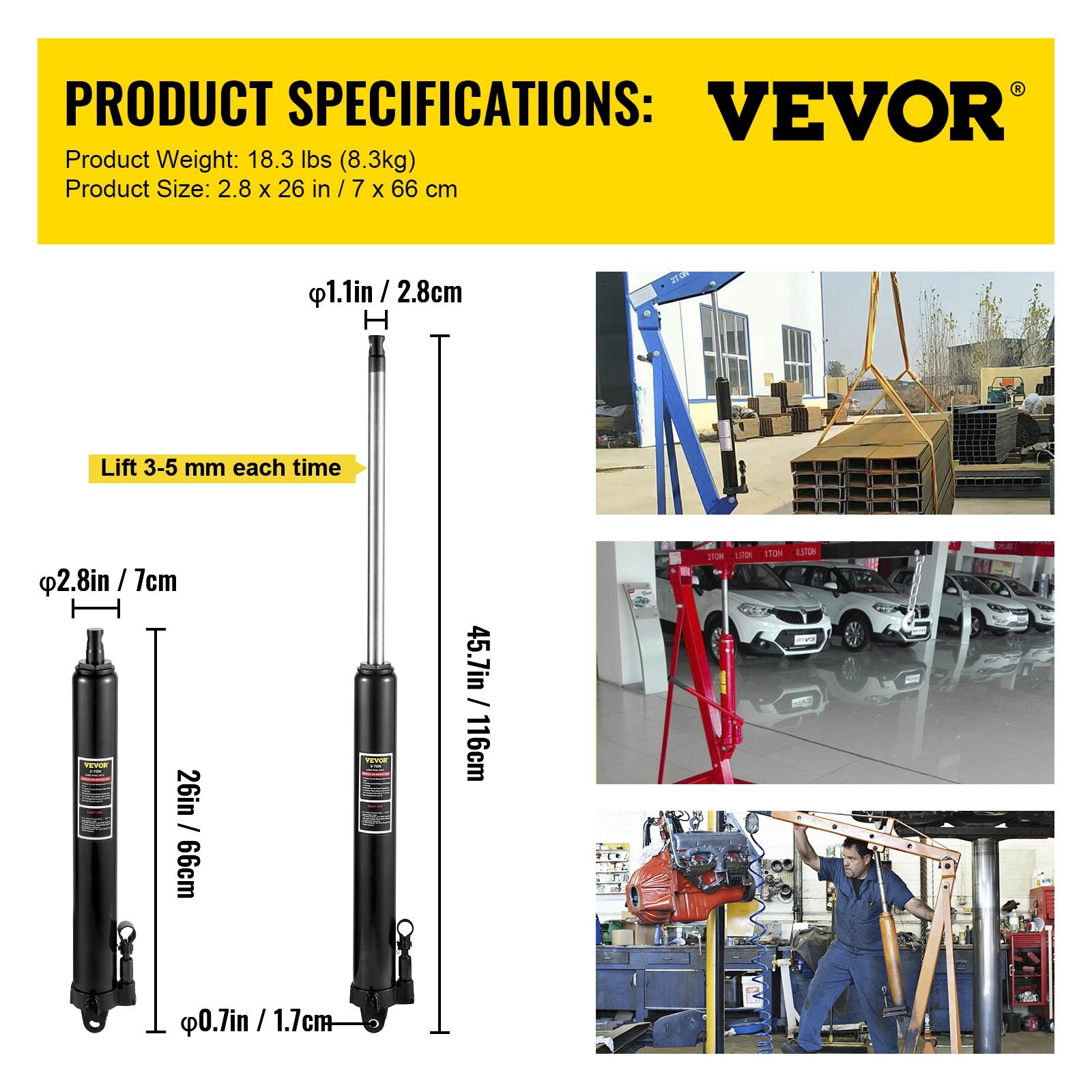 VEVOR Hydraulic Long Ram Jack,3 Tons/6600 lbs Capacity,w/Single Piston Pump and