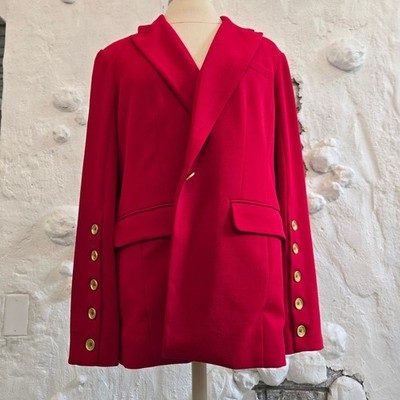 Vibrant Red Tailored Blazer Gold Button Cuff Statement Jacket Workwear Size M