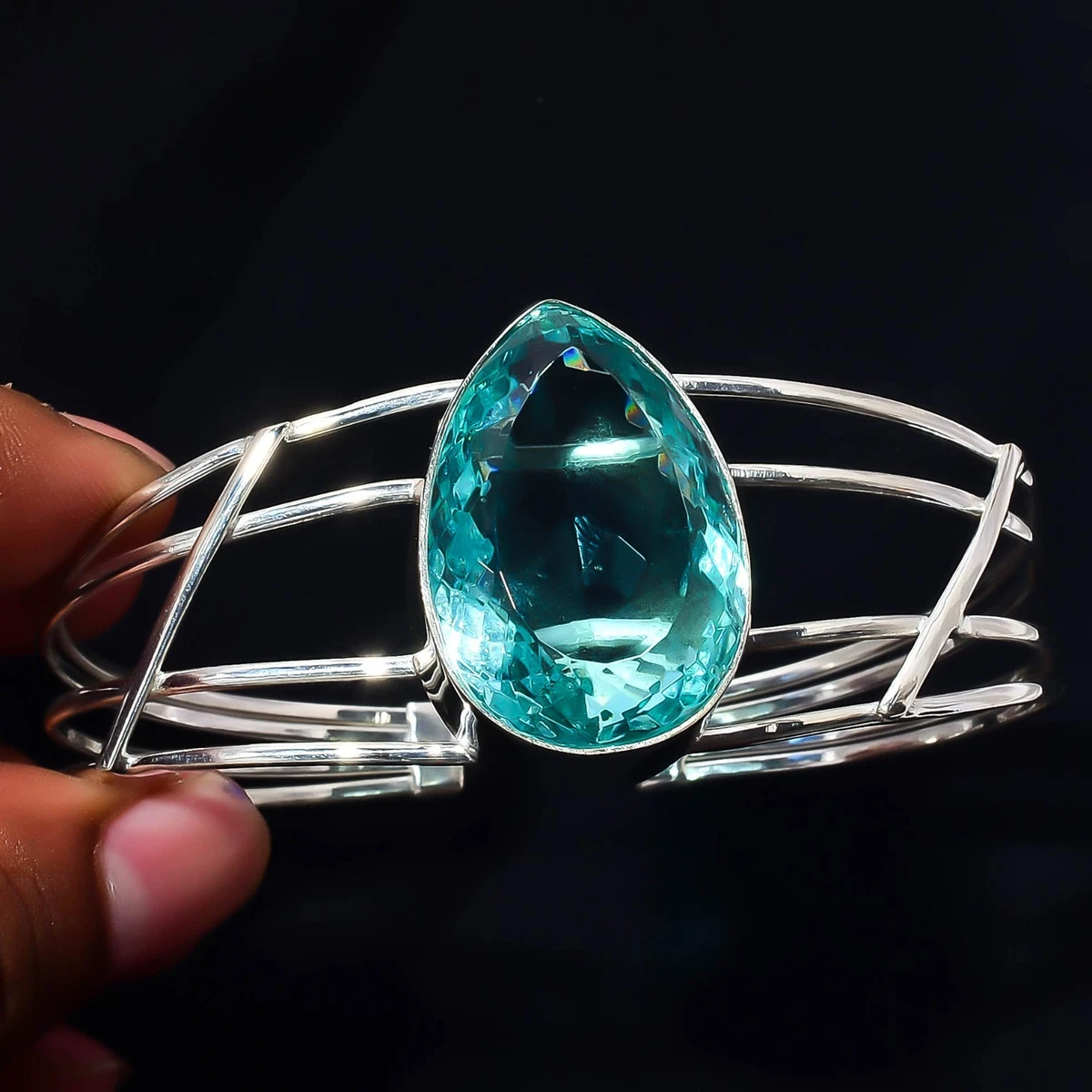Blue Topaz Gemstone 925 Sterling Silver Handmade Bangle Jewelry Gift For Her