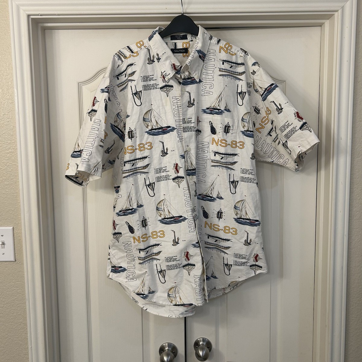 Vintage Nautica Button Down Shirt Large All Over Print Sail Boat Nautical  90s