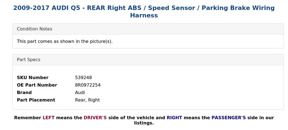 2009-2017 AUDI Q5 — задний правый ABS / датчик скорости / жгут проводов стояночного тормоза - Изображение 4 из 4