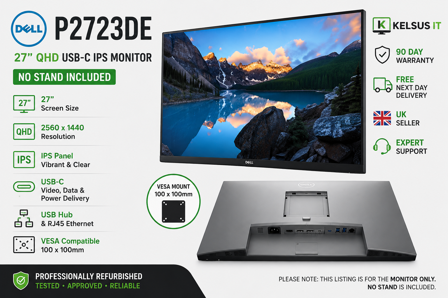 DELL P2723DE 27"" Monitor LED Quad HD IPS LCD 2560 x 1440 60Hz USB-C Hub NO STAND
