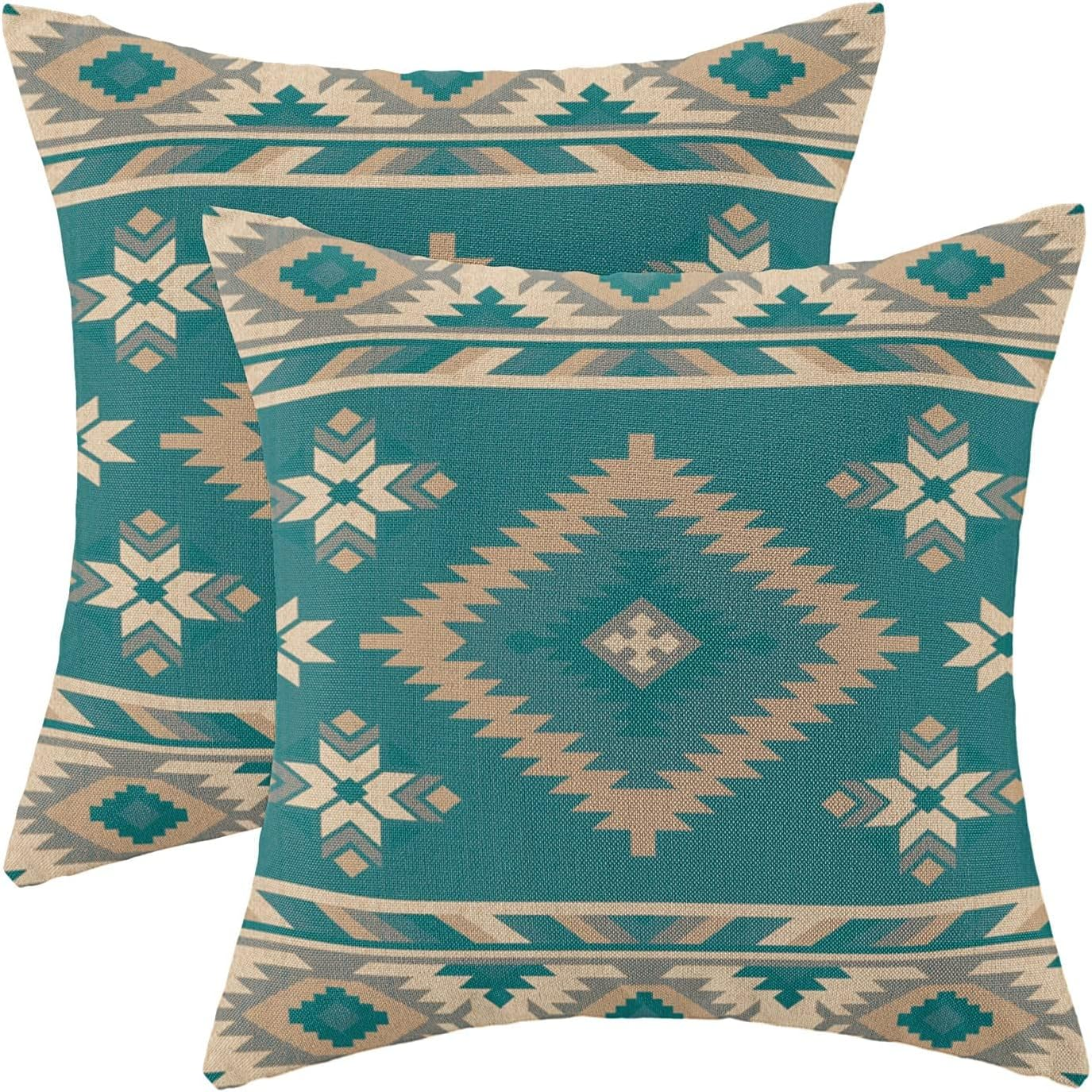 Boho Aztec Pillow Covers 16 X 16 Inch Set of 2 Western Native American Teal Beig