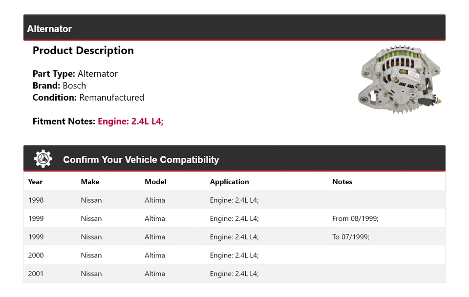 Alternador Bosch Nissan Altima 1998-2001 2,4 L L4 (remanufacturado) 1999 2000 Foto 2 de 4