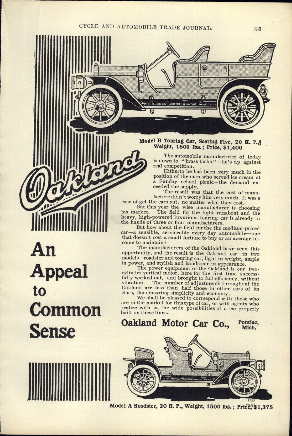 1908 PAPER AD CAR AUTO Oakland Model B Touring A Roadster Automobile ...
