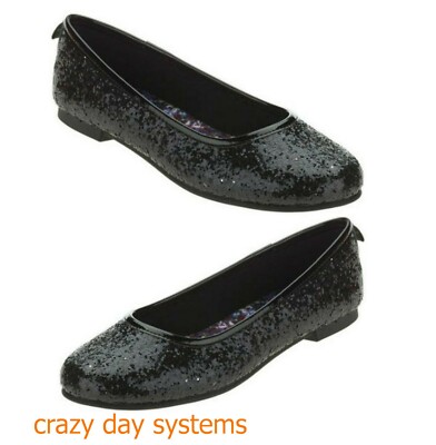 Faded Glory Dazzle Ballet Flat Casual Shoes Black Glitter Youth Sz 1Y, 5Y Girls