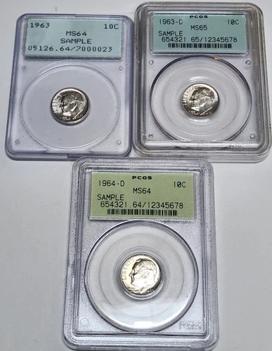 (3) 1963, 1963-D & 1964-D Roosevelt Silver Dimes PCGS MS64 & MS65 Sample Holders