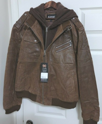 Flavor Herren braun Leder Motorrad Jacke mit abnehmbarer Kapuze M2016-95 Schweinsleder Neu mit Etikett - Bild 1 von 7