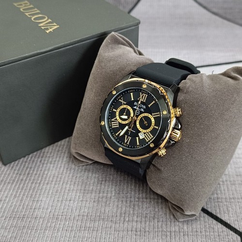 Bulova Marine Star Black Gold Case/Black Rubber Strap Men's Quartz 98B278 Watch - Picture 3 of 9