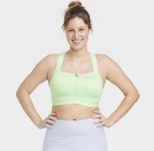 Women All In Motion 34D Green High Support Sculpt Zip-Front Sports Bra WideStrap