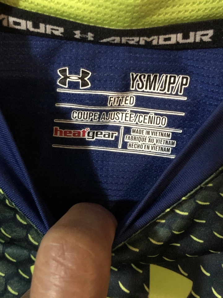 Boys Under Armour Heat Gear Fitted Blue/Green Short Sleeve Shirt Size Youth S — 第 4/4 张图片