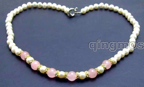 SALE 6-7mm natural white Pearl and 8mm Round Pink Jade 17" Necklace-nec5834 - Picture 2 of 3